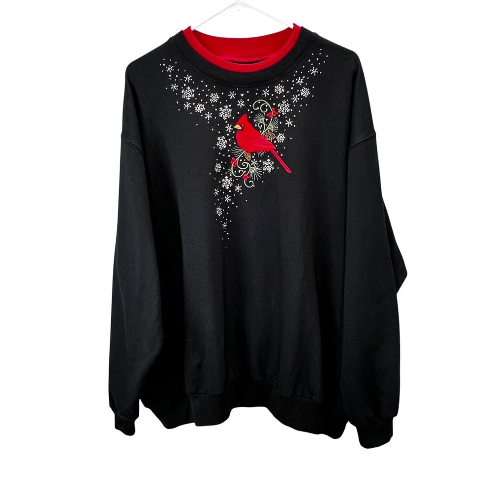 Trilllogy Red Cardinal Bird Sweatshirt 3XL Black Winter Snowflakes Embroidered